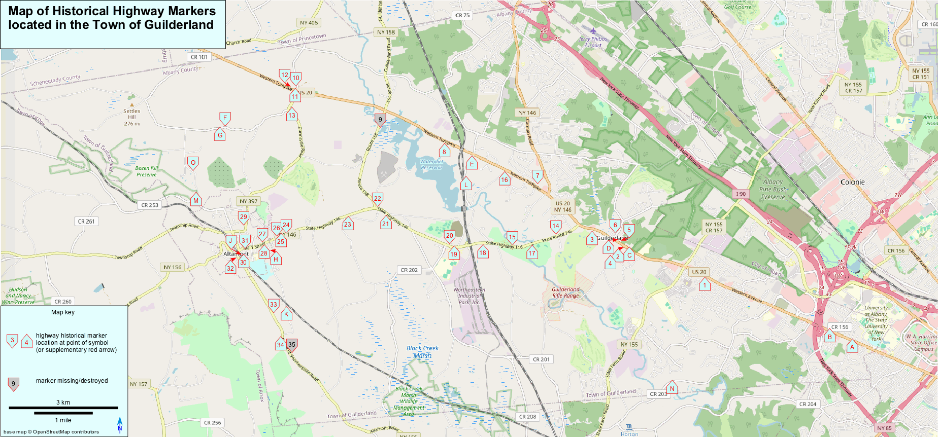 clickable map showing
        historical highway marker locations