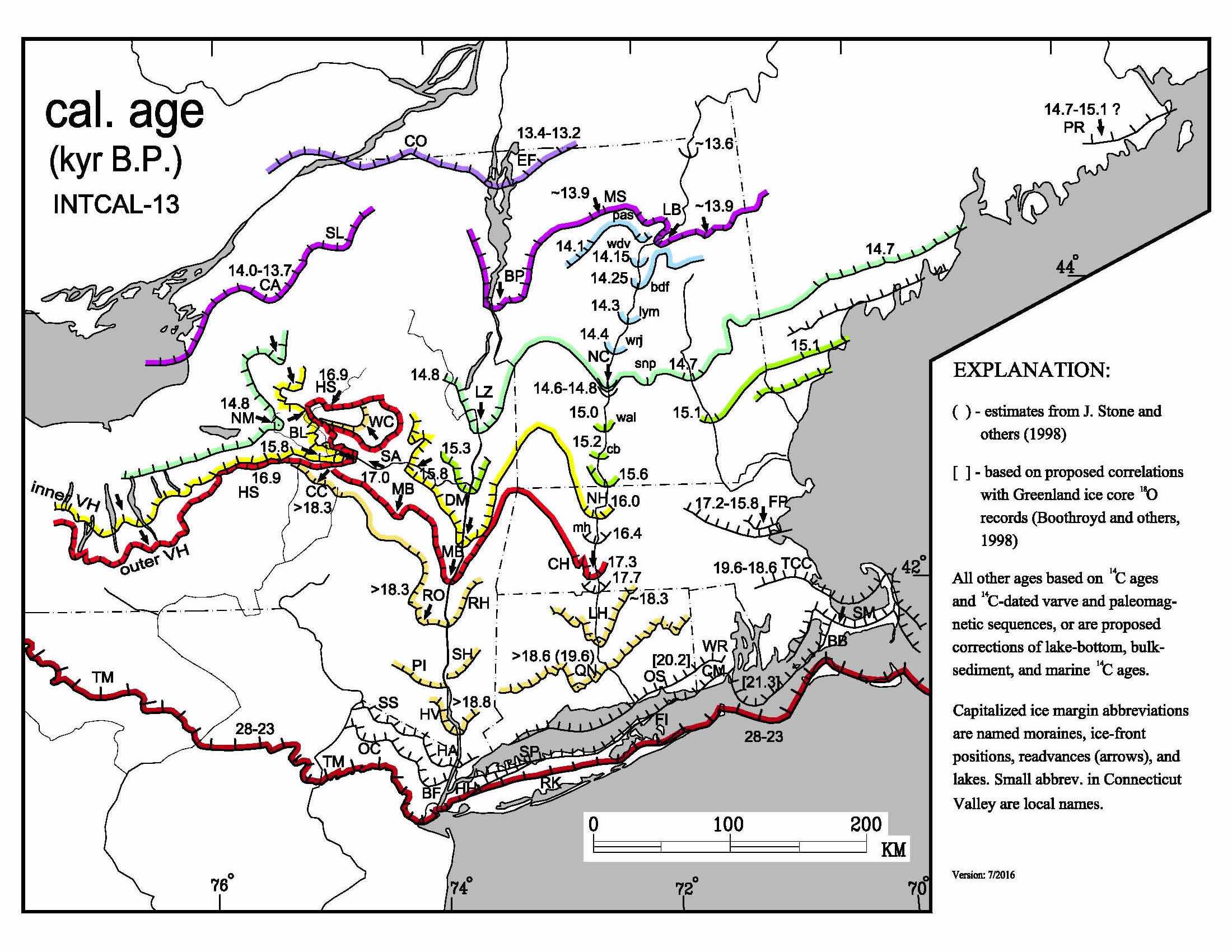 map of Laurentian ice front positions 23 to 13 thousand years
      ago